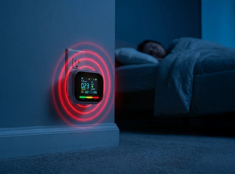 CarbonOne Safe detector on a nightstand next to a bed