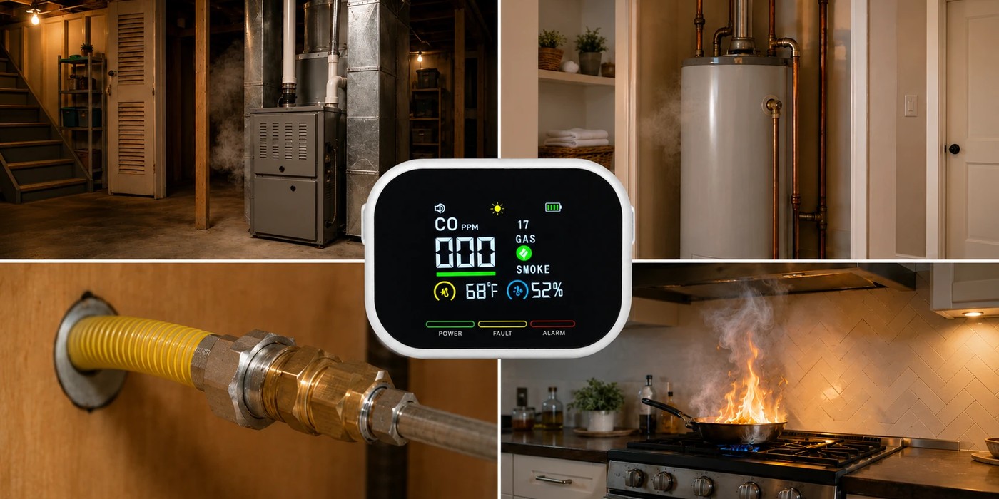 Carbon monoxide detector with sources of CO exposure in the background